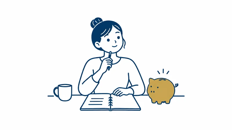 貯金箱を前に、かかる費用を落ち着いて考える人の絵