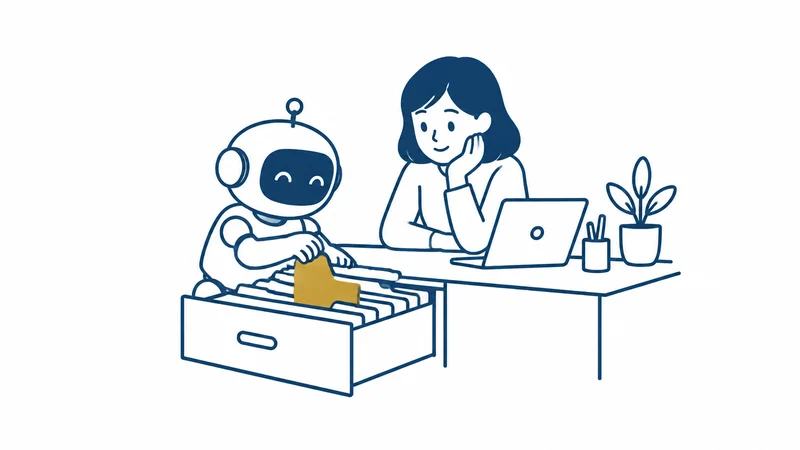 机の引き出しのファイルに、ロボットが直接手を伸ばす絵