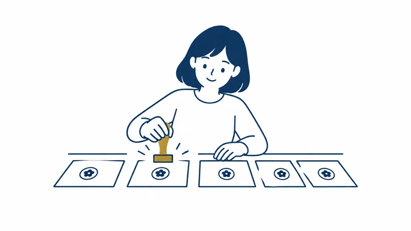 同じ判子を何枚にも同じように押していく人の絵