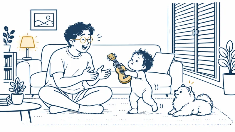 1歳の子どもがウクレレを差し出しながらよちよち歩いてきて、床に座った男性が思わず笑っている。そばで犬が見ている絵
