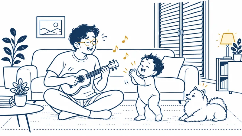 ウクレレを適当に鳴らしながら笑って歌う男性と、手を叩いて大喜びする子ども、そばで見ている犬の絵