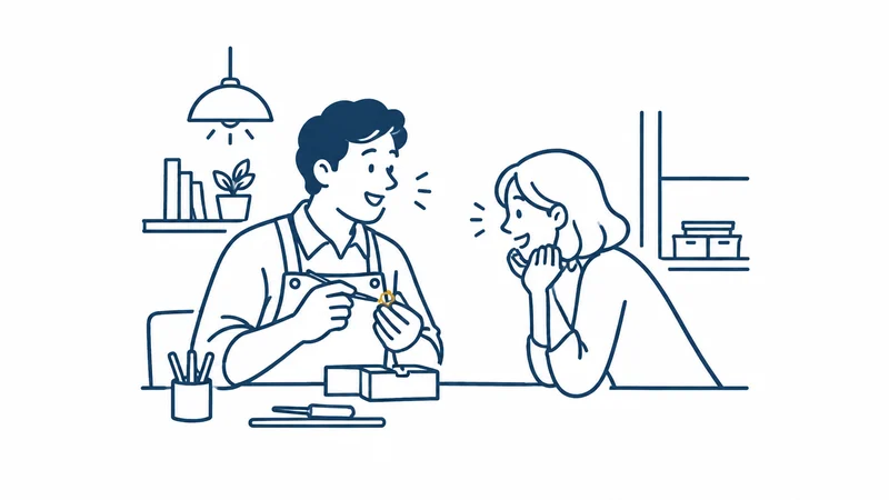 職人がふだんの仕事を話し、聞き手が身を乗り出して聞く絵