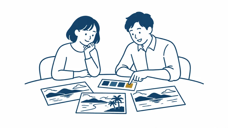 島の写真を並べ、そこから色を拾い出す二人の絵