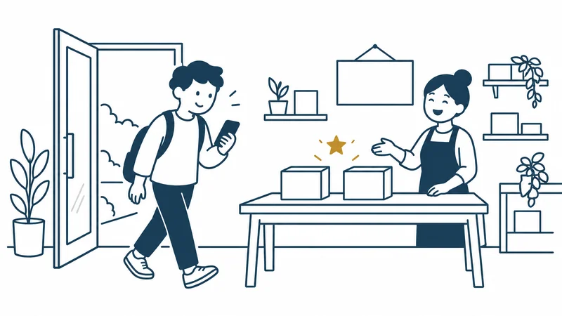 スマホを手にした人が小さなお店に入り、机の上の2つの品物を近くで見比べている。お店の人が笑顔で迎えている絵