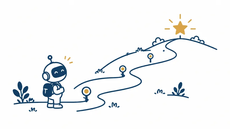 小さなロボットが、丘の上で光る金の星を見上げて、道のふもとに立っている絵
