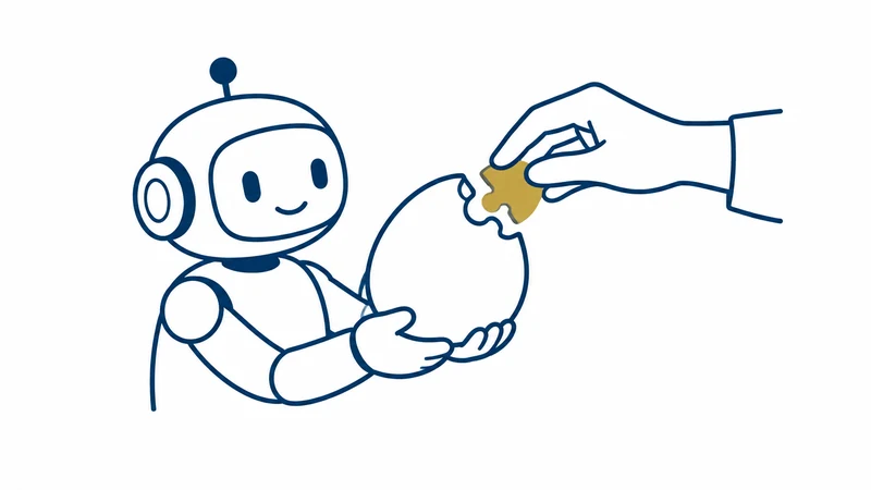 ロボットが差し出した未完成の形に、人の手が最後の金の一片をはめる絵