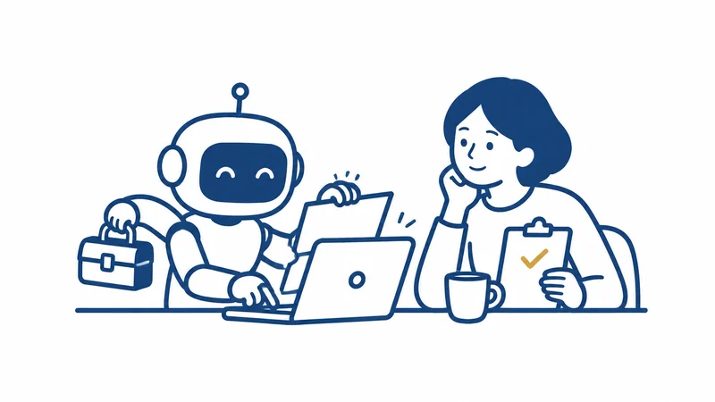道具箱を持ったロボットがパソコンで作業し、となりで人がチェック表を持って見守る絵