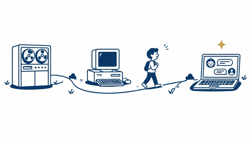 昔の大きなコンピュータから、いまのノートパソコンへ続く道を人が歩く絵