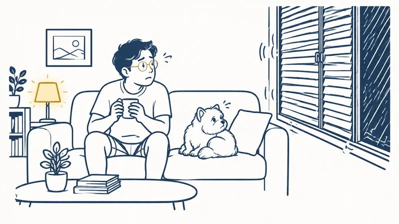 雨戸がガタガタ鳴る薄暗いリビングで、マグを手に少し不安そうに窓を見る男性と、となりで耳を立てるマルチーズの絵