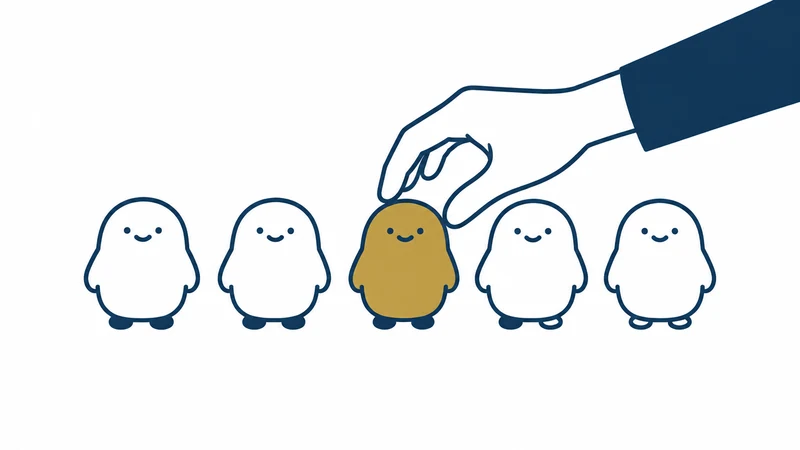同じ姿のものが5つ並び、1つだけ金色。その1つに手が伸びている絵
