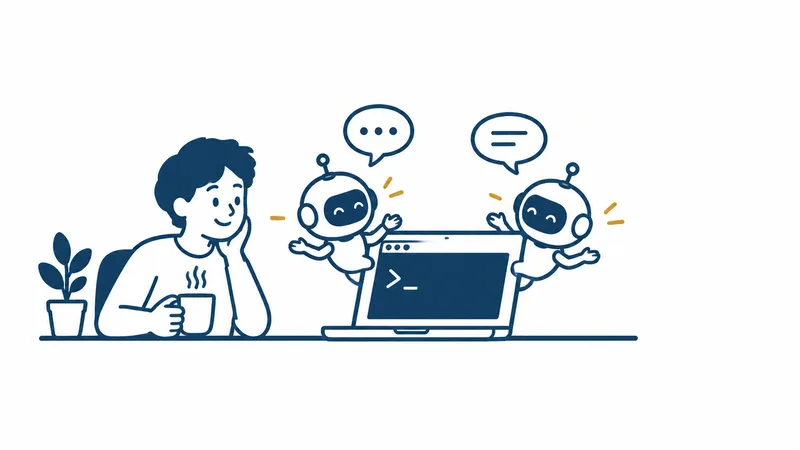 ノートパソコンの黒い画面から2体のロボットが出てきて向かい合って話し、人がコーヒーを持って見ている絵