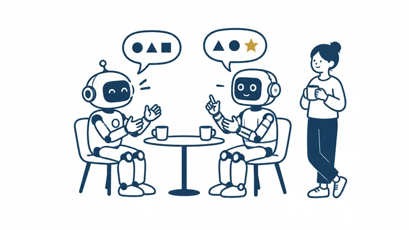 2体のロボットが丸いテーブルで話し合い、人がコーヒーを持って聞いている絵