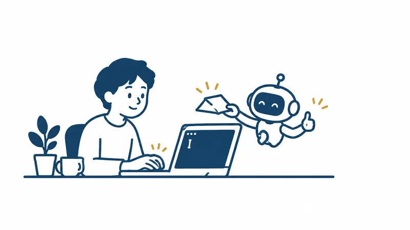 ノートパソコンの黒い画面に一行打つ人と、画面から出てきた小さなロボットがメモを受け取る絵