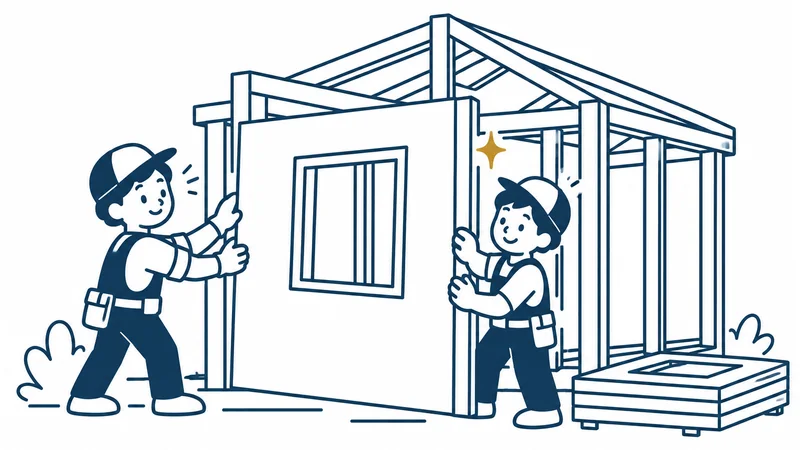 木の骨組みが立った小さな家に、2人の大工さんができあがった壁をはめこんでいる絵