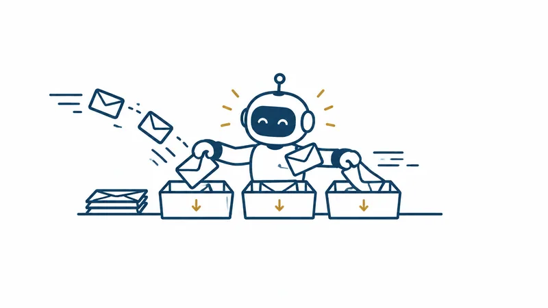 小さなロボットが、届いた封筒を3つのトレーにすばやく振り分けている絵