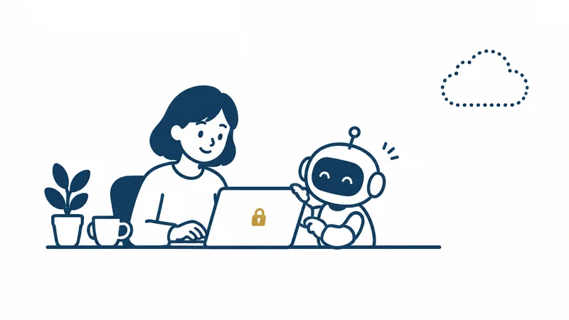 机のノートパソコンの横に小さなロボットがいて、遠くの雲とはつながっていない絵