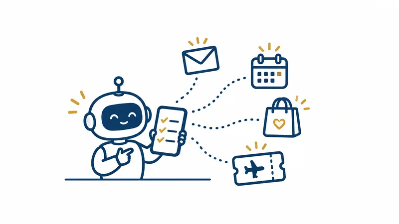 小さなロボットがチェックリストを持ち、メール・予定・買い物・旅行のしるしと点線でつながっている絵