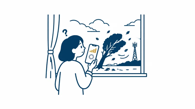 台風のあと、窓辺で電波は立っているのにつながらないスマホを見て首をかしげる人の絵