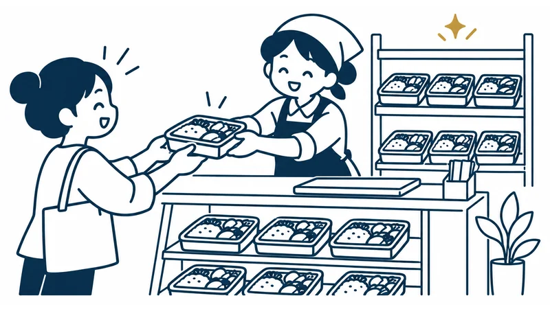小さなお弁当屋さんで、店員さんが棚に並んだできあがりのお弁当をお客さまに手渡している絵