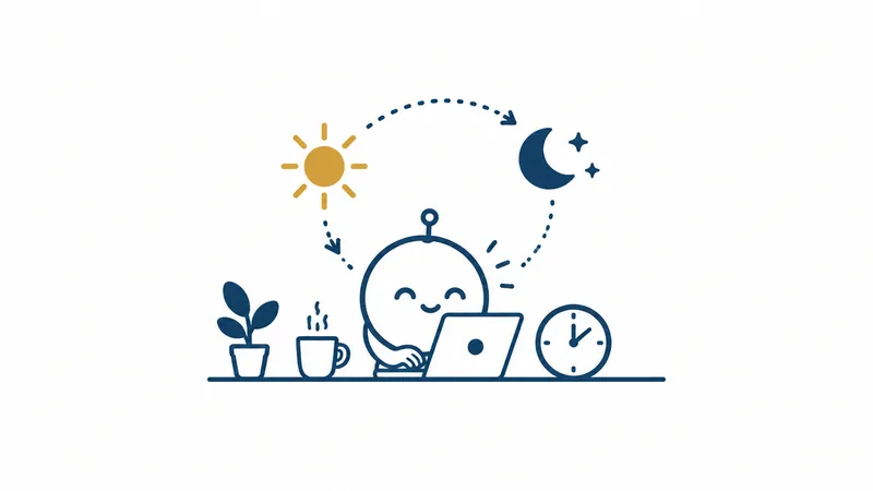 丸い小さな手伝い役が、時計と月と太陽のそばで、ノートパソコンに向かって働き続けている絵