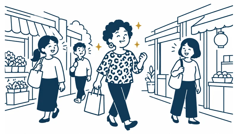 くるくるのパーマにヒョウ柄の服の女性が、買い物袋を持って商店街を笑顔で歩き、まわりの人もほほえんでいる絵