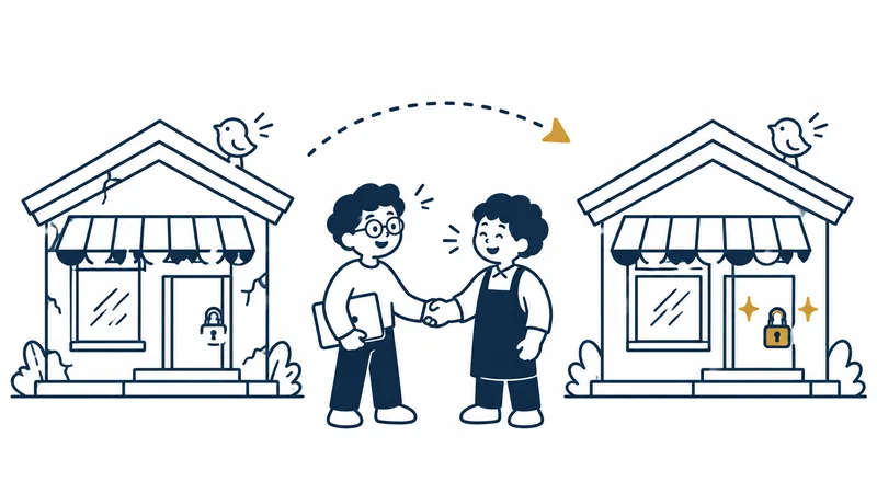 左は壁にひびが入り古い南京錠のついた小さなお店。点線の矢印の先に、同じ形のまま新しく丈夫になり金色の鍵が光るお店。矢印の下で、丸めがねのデザイナーとエプロンの店主が握手している絵