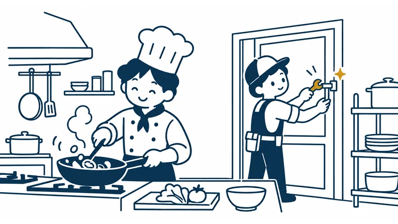 小さなレストランの厨房で料理人が料理をつくり、奥では修理の人が金色のスパナで裏口の留め金を直している絵