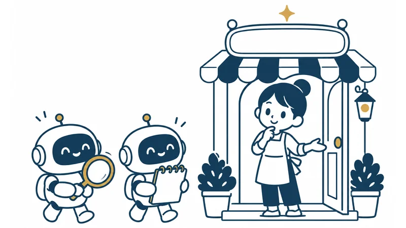 お店の門の前で、門番さんが、虫めがねを持ったロボットとノートを持ったロボットのどちらを通すか考えている絵