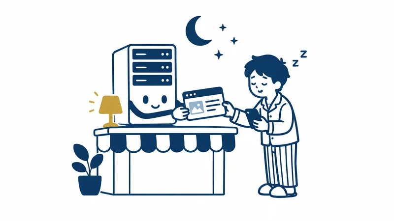 夜、サーバーの係がお店のカウンターで、パジャマの人にホームページを手渡す絵