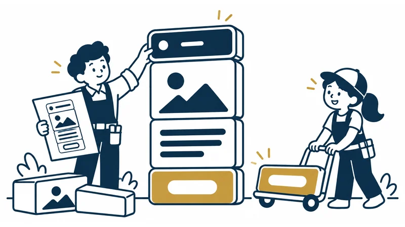 大きなブロックを積んでスマホの画面を作る2人。左の人は設計図を見ながらその場で組み、右の人は組み立て済みのブロックを台車で運んでくる絵