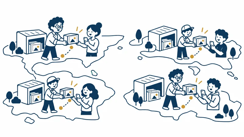 地図の上に小さな配送の拠点がいくつもあり、それぞれの拠点が、近くにいるスマホを持った人たちに同じ小さな箱を手渡している絵