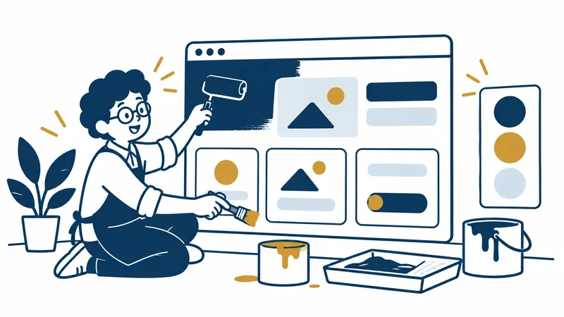 デザイナーがローラーと筆で、窓の形をしたページに色をぬり、角を丸くしている絵。横に紺・金・うすい青の色見本がある