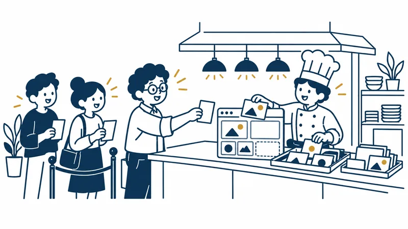 台所のようなカウンターで、コック帽の人が、お客さんから注文の紙を受け取るたびに、材料のブロックを組み合わせて窓の形をしたページを作っている絵