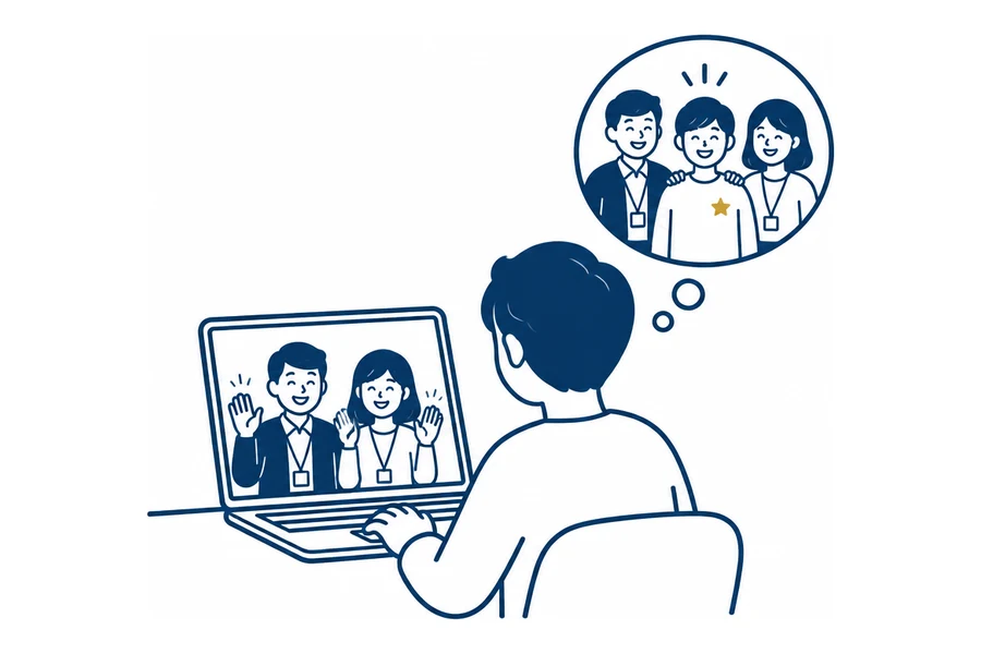 ノートパソコンで働く人たちを見て、その中にいる自分を思い浮かべる