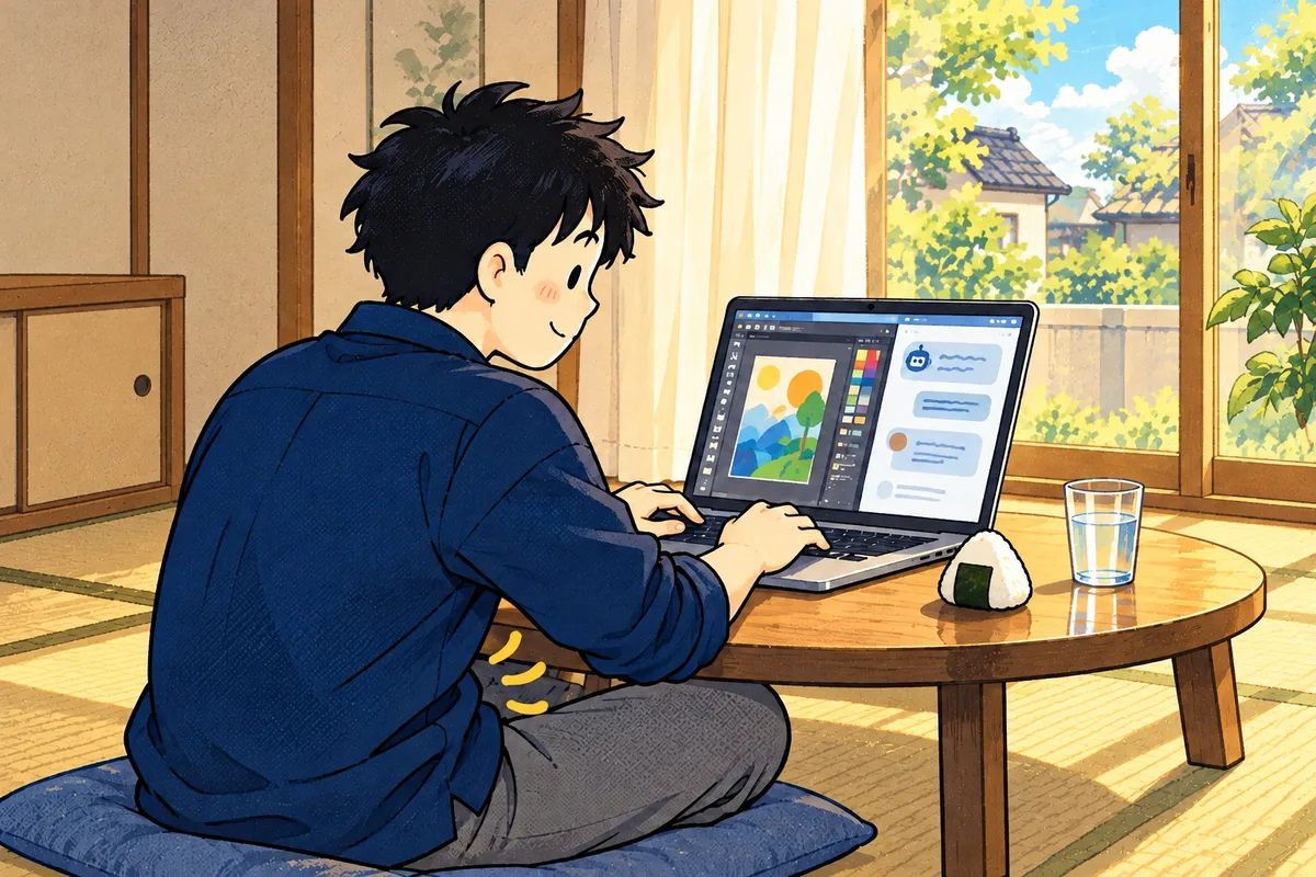 朝の光が差しこむ畳の部屋。ちゃぶ台の上には、おにぎりが1つと水だけ。お腹が鳴る私が、デザインのソフトとAIが映るパソコンに、明るい顔で向かっている。
