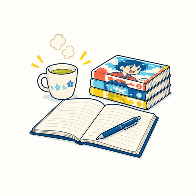 開いたノートとペン。そばに積んだ漫画と、湯気の立つお茶