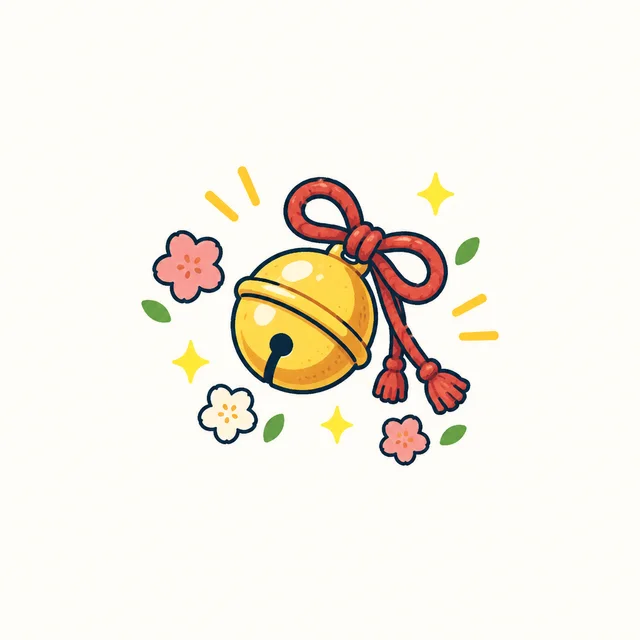 赤いひもを結んだ金色の鈴と、小さな花