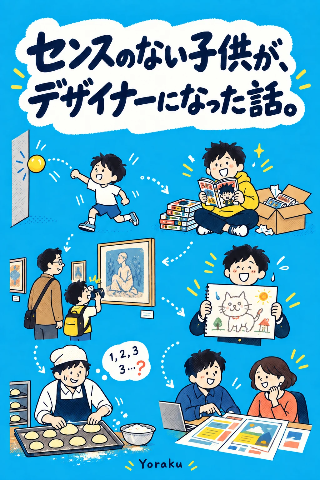 表紙。「センスのない子供が、デザイナーになった話。」の文字と、青い地に、壁当てをする子ども・漫画を読む少年・美術館で写真を撮る子ども・猫の絵を見せる学生・パンを焼く職人・お客さんと打ち合わせる私の6つの場面が、点線の矢印でつながっている。
