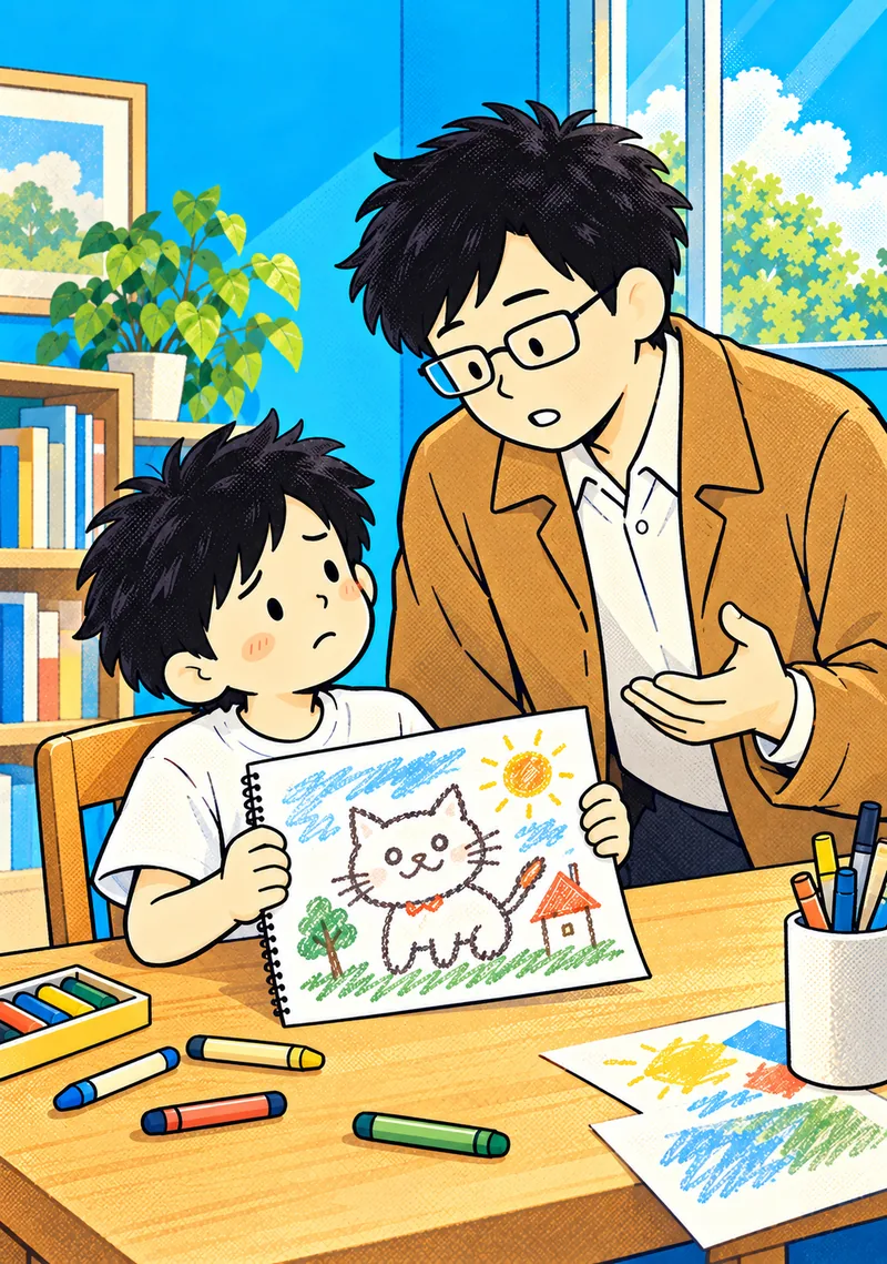 父と子どもの私。描いた絵を前に父に話しかけられ、私は少し戸惑いながら聞いている。