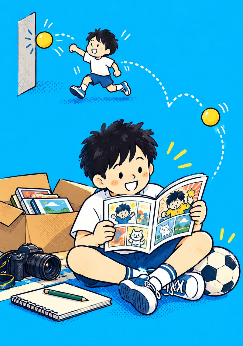 漫画やボールなど、好きなものに囲まれて過ごす少年の私。