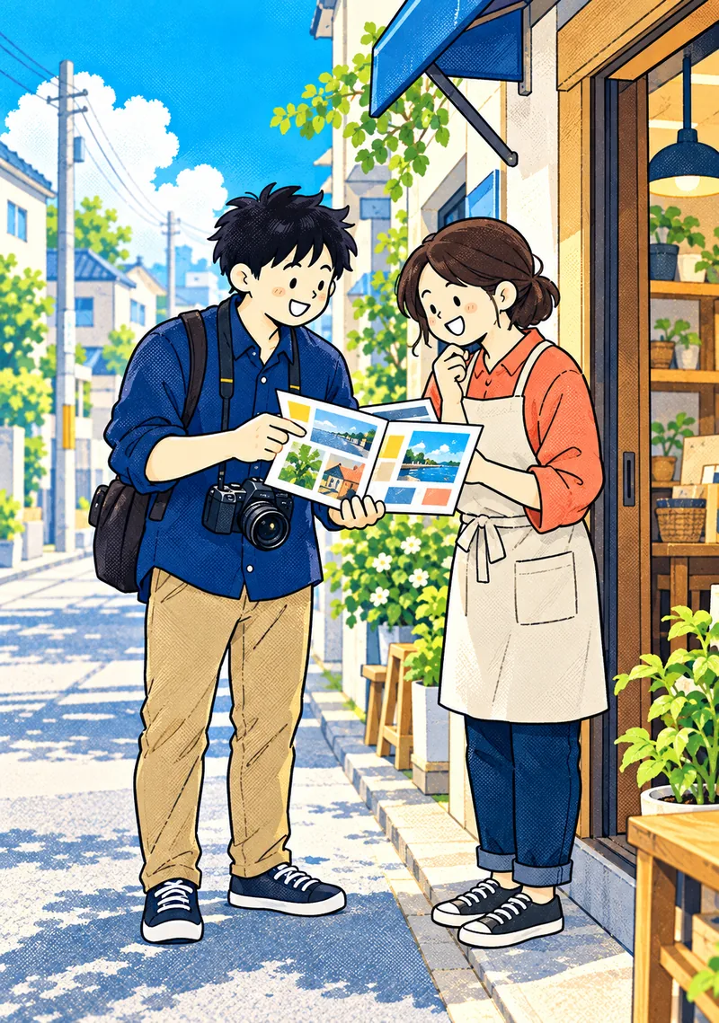 自分の制作物を手に、街で相手に仕事を紹介する私。