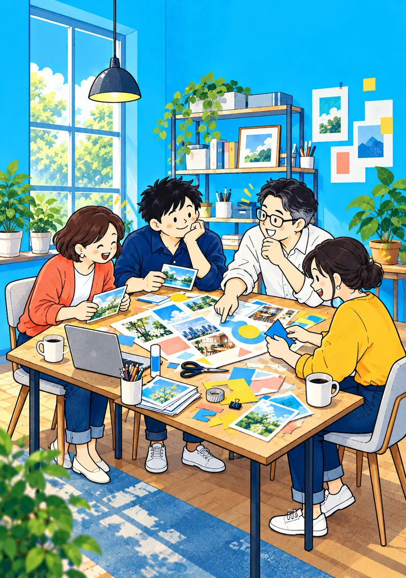 写真や色紙を囲み、大人の友人や仕事相手と一緒に楽しむ私。