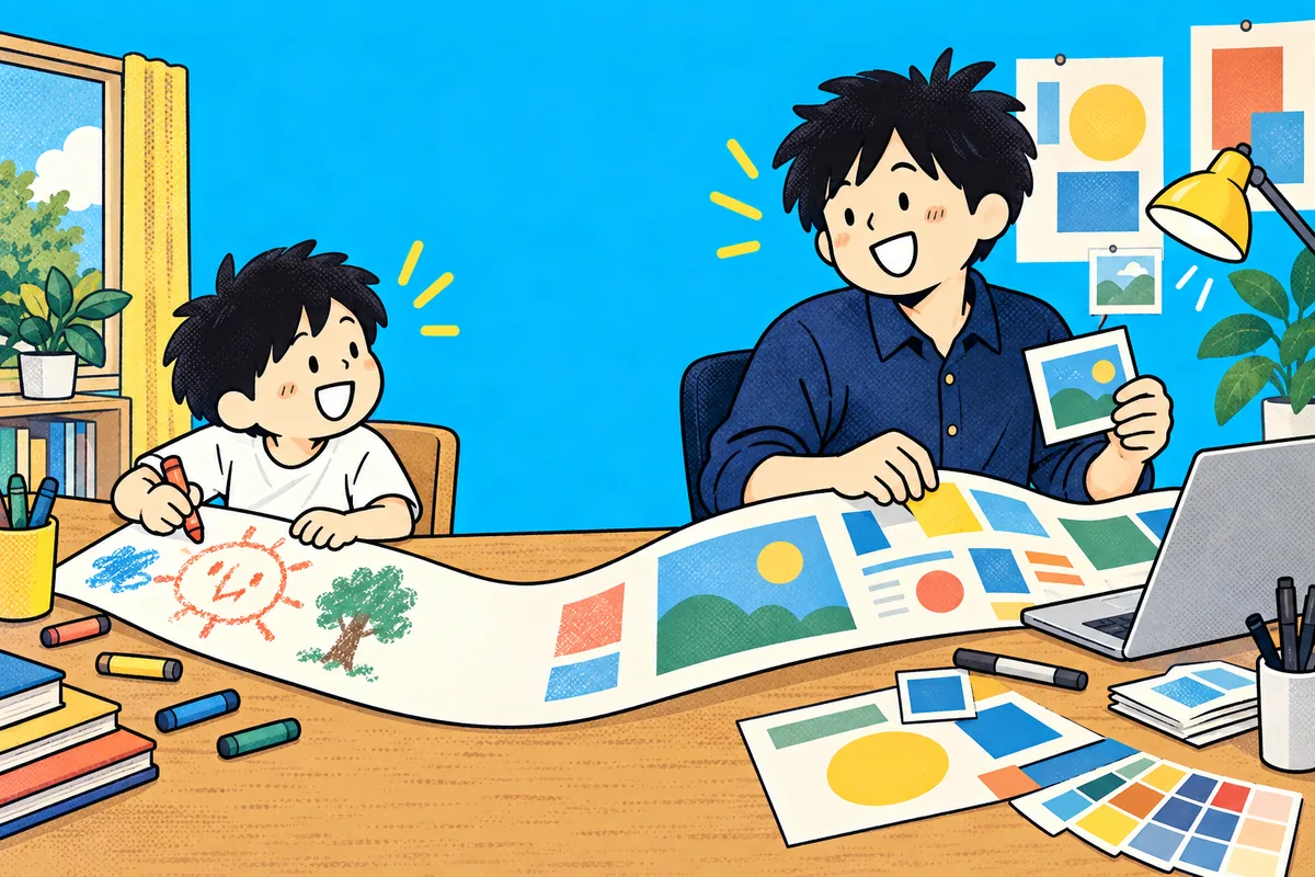 白いTシャツの少年が絵を描き、その長い紙の先で紺色の服を着た大人の私が色や写真を並べている。