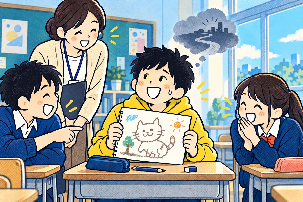 教室で猫の絵を見せて先生や友達と笑う私。笑顔のそばには、将来を思う暗い雲が浮かんでいる。