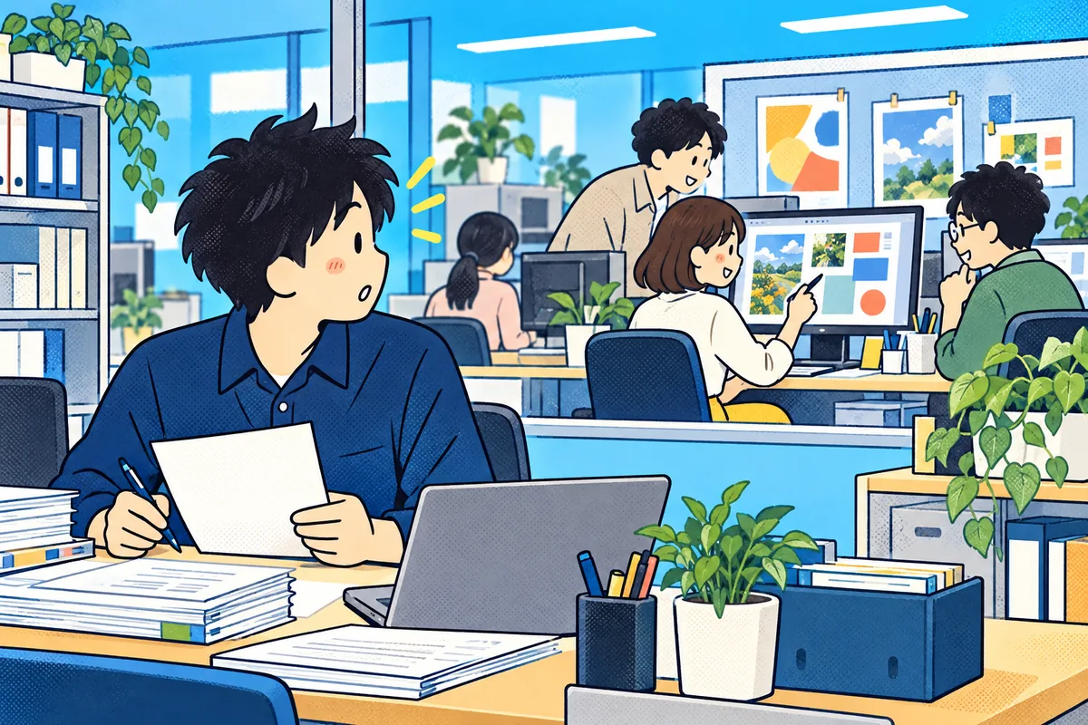 事務の机で書類を手にした私が、同じ職場で写真や色を組み合わせるデザイン部の仕事を振り向いて見ている。