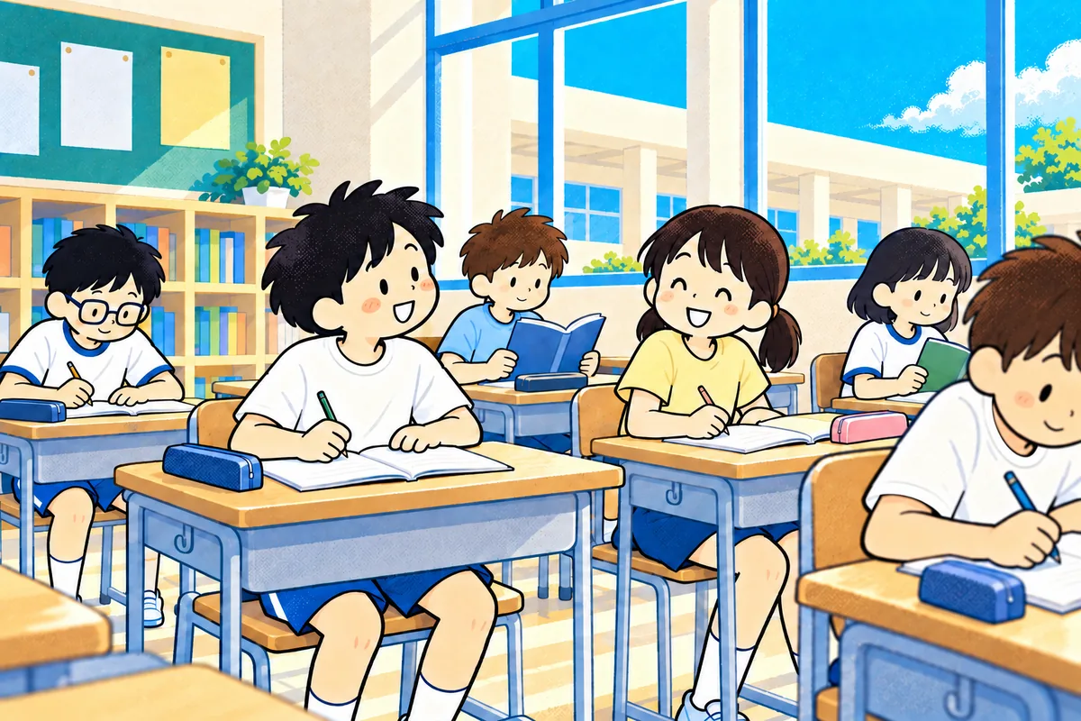 サウジアラビアの日本人学校で、落ち着いて学ぶ子どもたちと同じ教室にいる小学4年生頃の私。