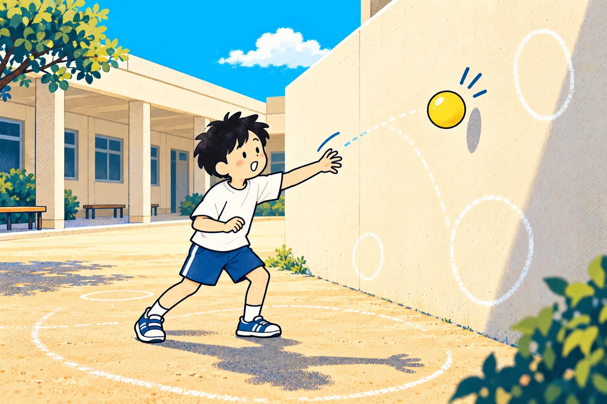 誰もいない学校の庭で、壁に黄色いボールを投げる私。壁や地面の白い丸が、自分で考えた遊びを表す。