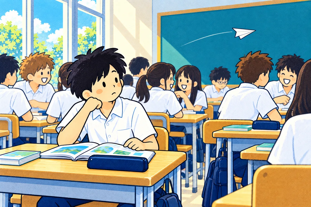 沖縄に戻って入った中学校の教室。紙飛行機が飛び、周りでおしゃべりが続く中、机で教科書を開いた私は戸惑っている。