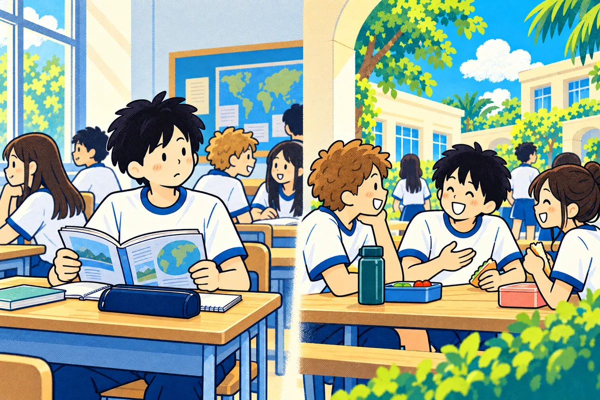 トルコのインターナショナルスクールに通う中学生の私。言葉が分からず戸惑う時間と、友達と過ごす時間を、学校の小景として描いている。