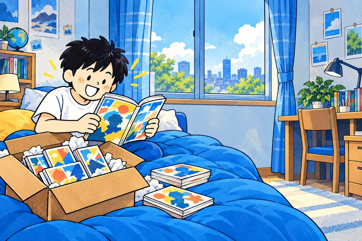 海外の自室で、小包から届いた漫画を開いて喜ぶ少年の私。そばには、何度も読み返す漫画が積まれている。